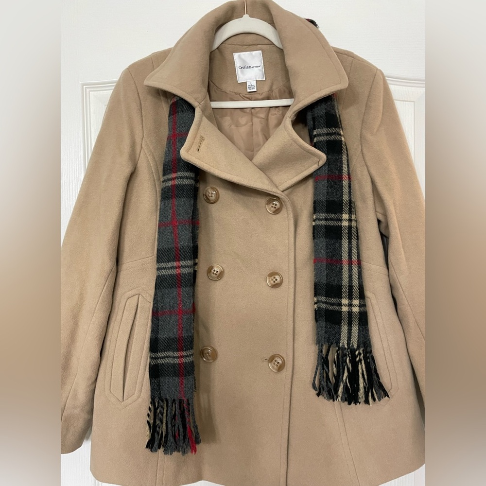 Croft & Barrow Tan Peacoat with Plaid Scarf Size Large - Picture 2 of 4